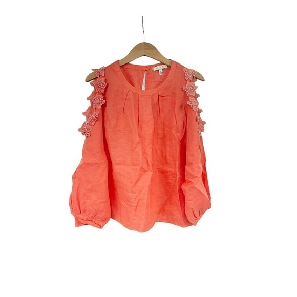 Eri + Ali Anthropologie Womens M Linen Jemima Cold Shoulder Floral Coral Blouse - Picture 1 of 6